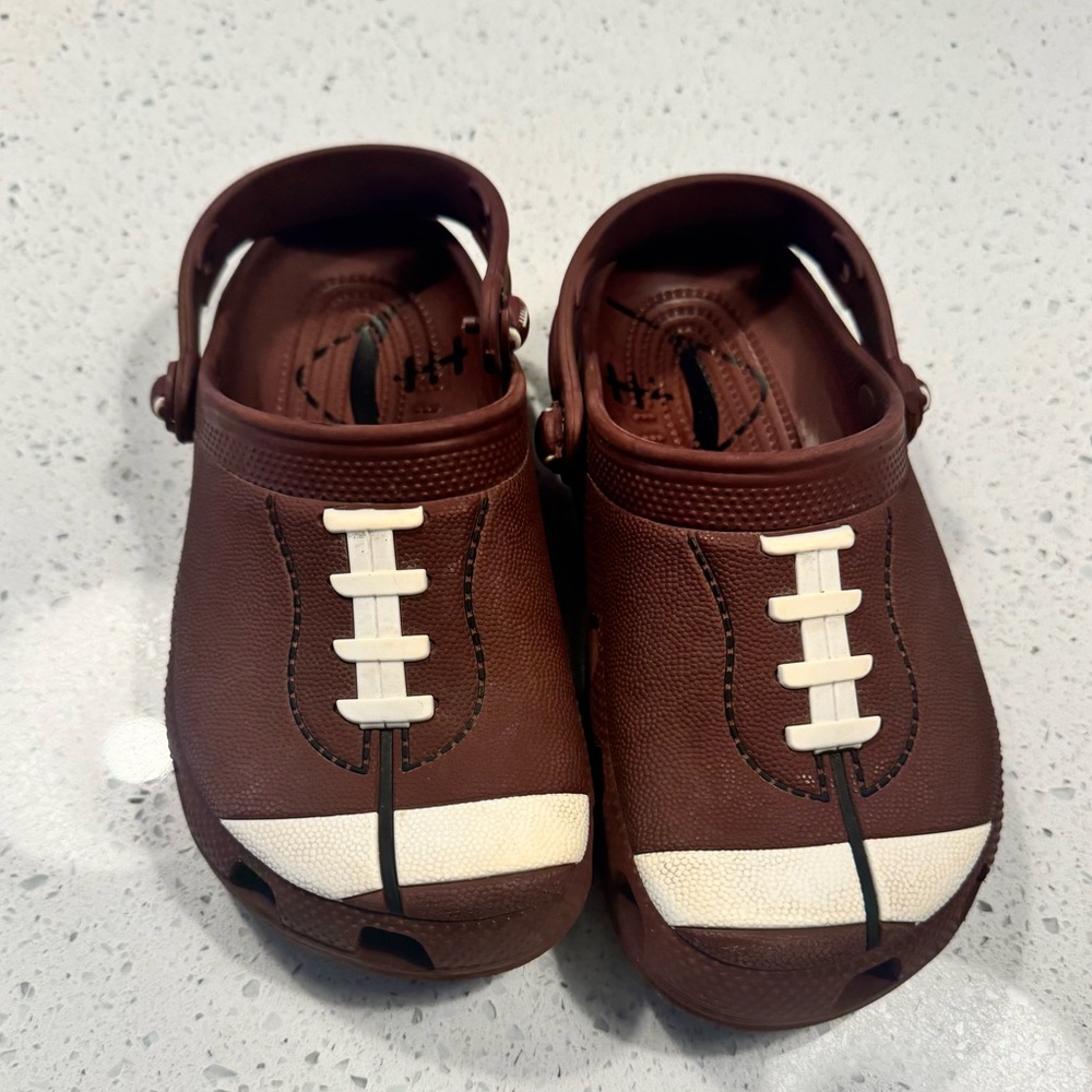 Kids Brown Football Crocs with White Accent